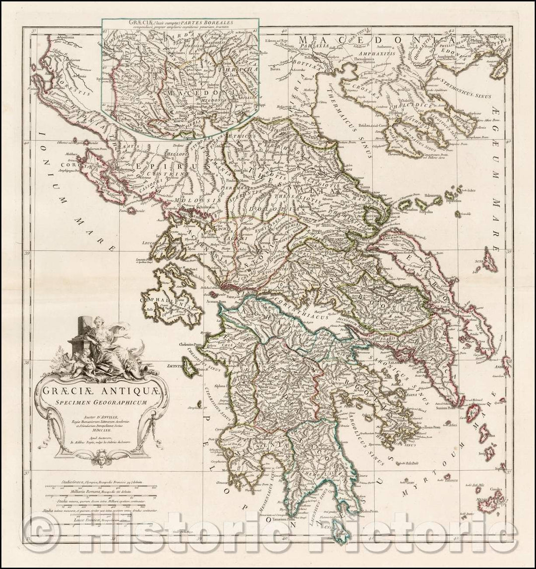 Historic Map - Graeciae Antiquae Specimen Geographicum/Map of Ancient Greece, 1762, Jean-Baptiste Bourguignon d'Anville - Vintage Wall Art