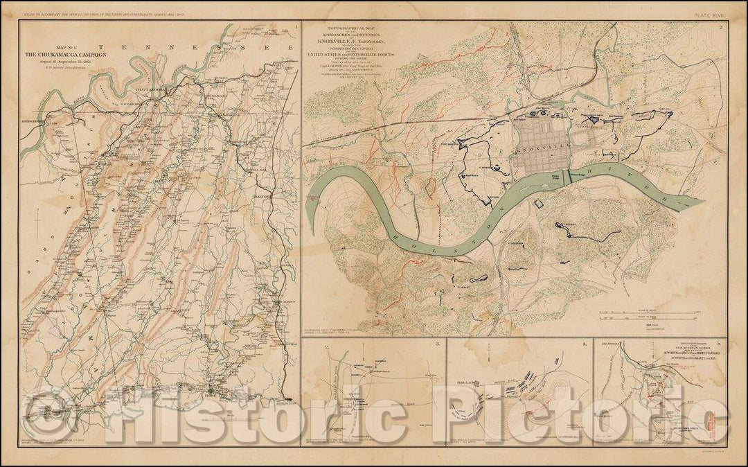 Historic Map - The Chickamauga Campaign August 16 - September 22, 1863 (and) Topographical Map of the Approaches and Defenses of Knoxville, Tennessee, 1891 - Vintage Wall Art