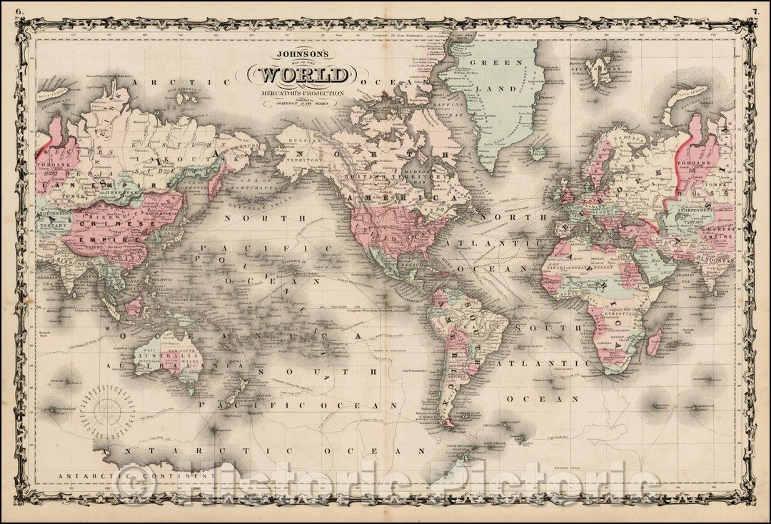 Historic Map - Johnson's Map of the World on Mercator's Projection, 1862, Benjamin Ward v2