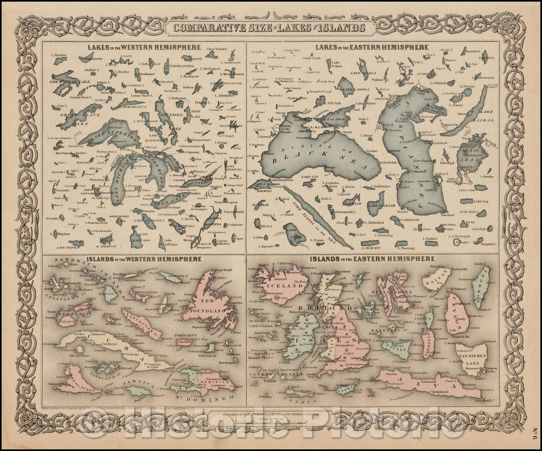 Historic Map - Comparative Size of Lakes and Islands [Great Lakes, Cuba, Formosa, Ireland, Sicily, Cyprus, Vancouver, Sandwich Islands, Puerto Rico, Corsica, 1855 v2