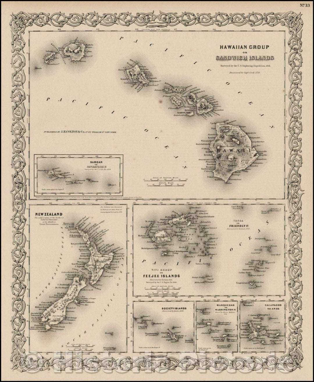 Historic Map - Hawaiian Group or Sandwich Islands [with] New Zealand [and] Feejee Group, Society Island, Marquesas and Galapagos Islands, 1855 v1