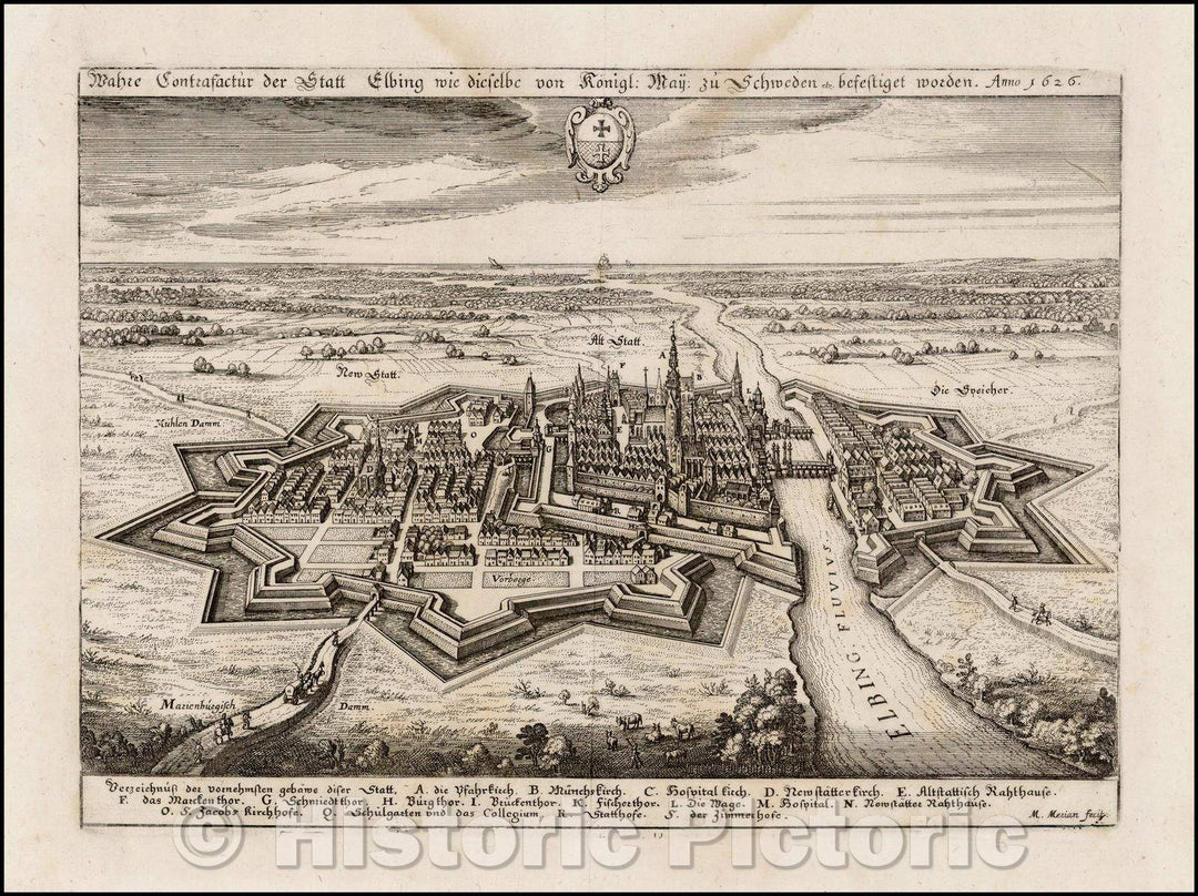 Historic Map - Wahre Contrafacur der Statt Elbing wie dieselbe von Konigl. Maij: zu Sch :: Birdseye View of the town of Elblag in Northern Poland, 1640 - Vintage Wall Art