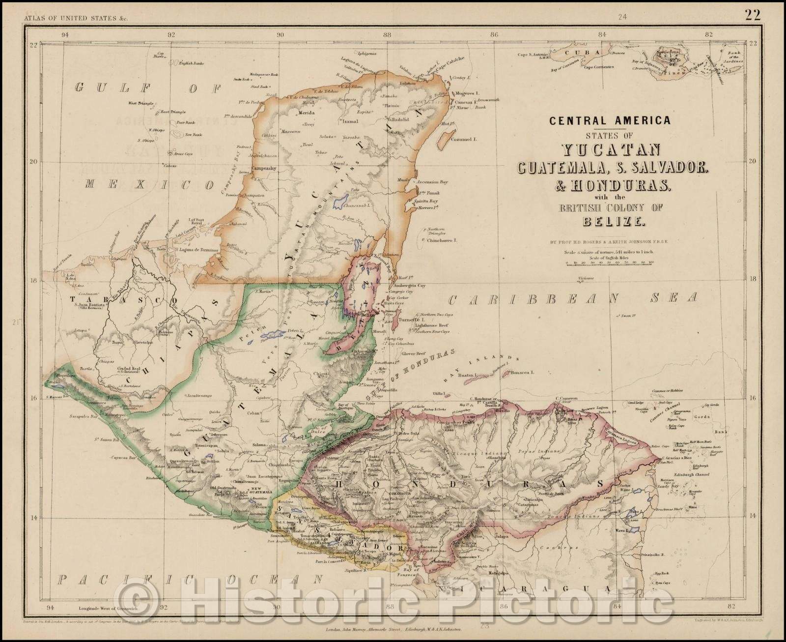 Historic Map - Central America - States of Yucatan Guatemala, S. Salvador & Honduras, with the British Colony of Belize, 1857, Henry Darwin Rogers - Vintage Wall Art