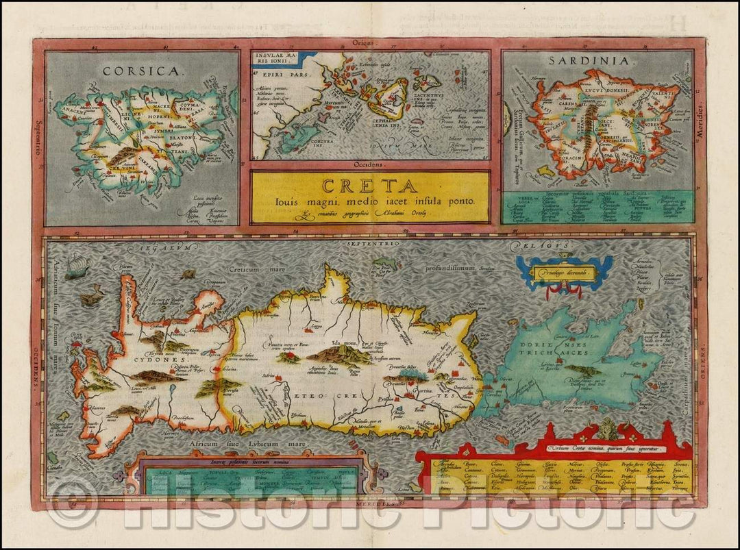 Historic Map - Corsica [and] Sardinia [and] Creta/Ortelius' Maps of Corsica, Sardinia, Crete and the Ionian Sea, 1592, Abraham Ortelius - Vintage Wall Art