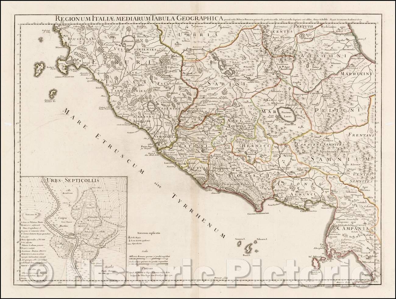 Historic Map - Regionum Italiae Mediarum Tabula Geographica :: Italy,Etruscan Tuscany, Samnium, Volsci, Ausones and part of Ubria and Picentes, 1745 - Vintage Wall Art