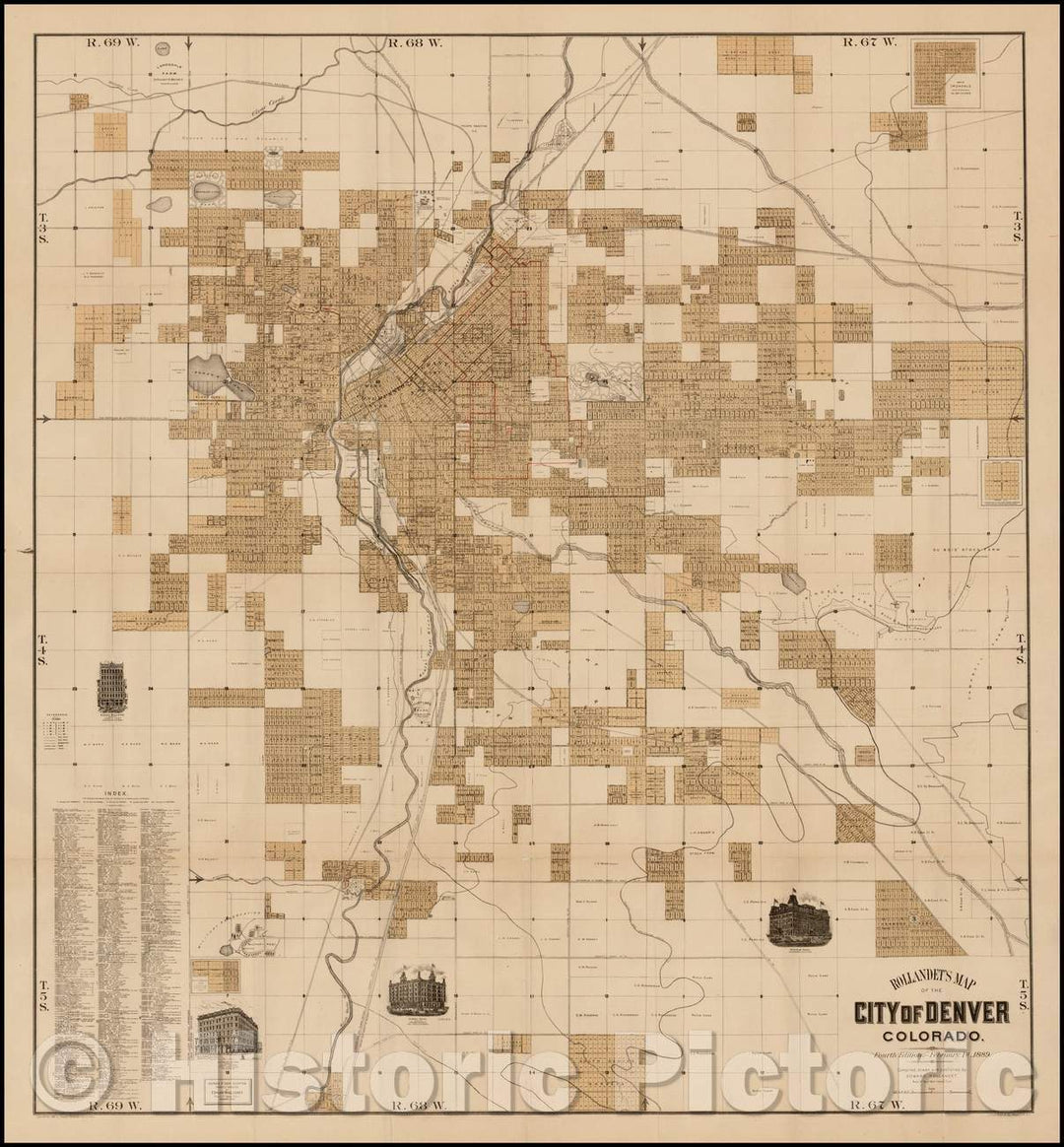 Historic Map - Rollandet's Map of the City of Denver Colorado - Fourth Edition- February 1st, 1889, 1889, Edward Rollandet - Vintage Wall Art