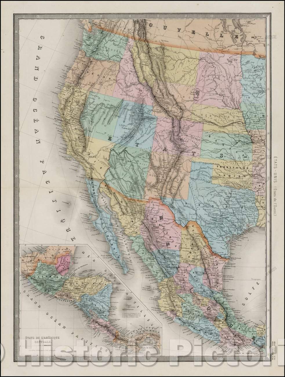 Historic Map - Etats-Unis (Etats de l'Ouest) / Map of the west from the Andriveau-Goujon Atlas, inset of Central America, 1867, Eug?e Andriveau-Goujon - Vintage Wall Art