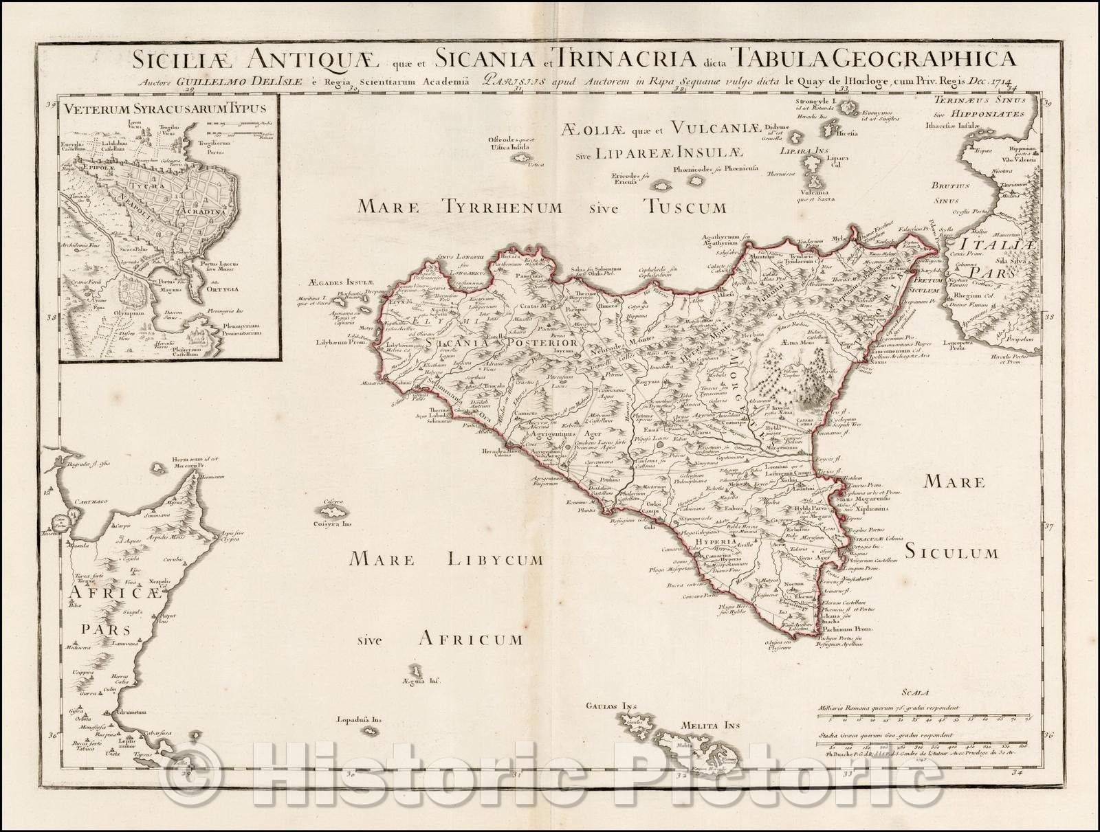 Historic Map - Siciliae Antiquae quae et Sicania et Trinacria dicta/Map of Ancient Sicily, with a large inset of Syracuse, by Guillaume De L'Isle, 1745 - Vintage Wall Art