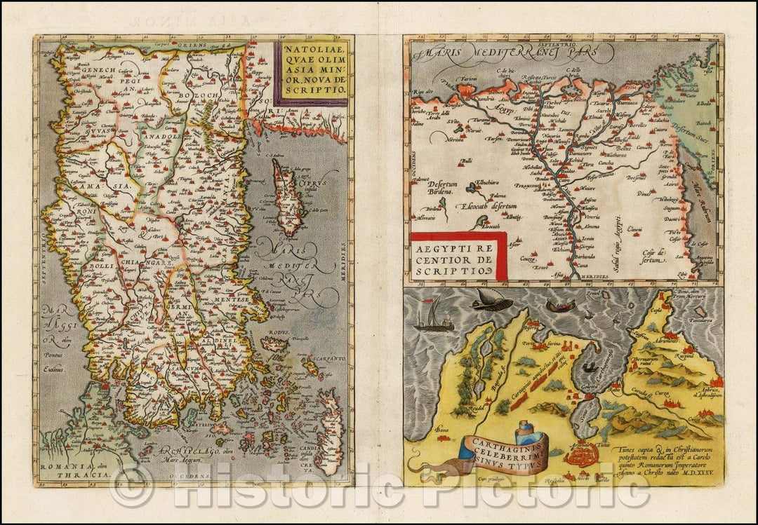 Historic Map - Natoliae Quae Olim Asia Minor Nova Descriptio with Aegypti Recentior Descriptio with Carthageinis Celeberrimi Sinus Typus shows Cyprus, 1592 - Vintage Wall Art