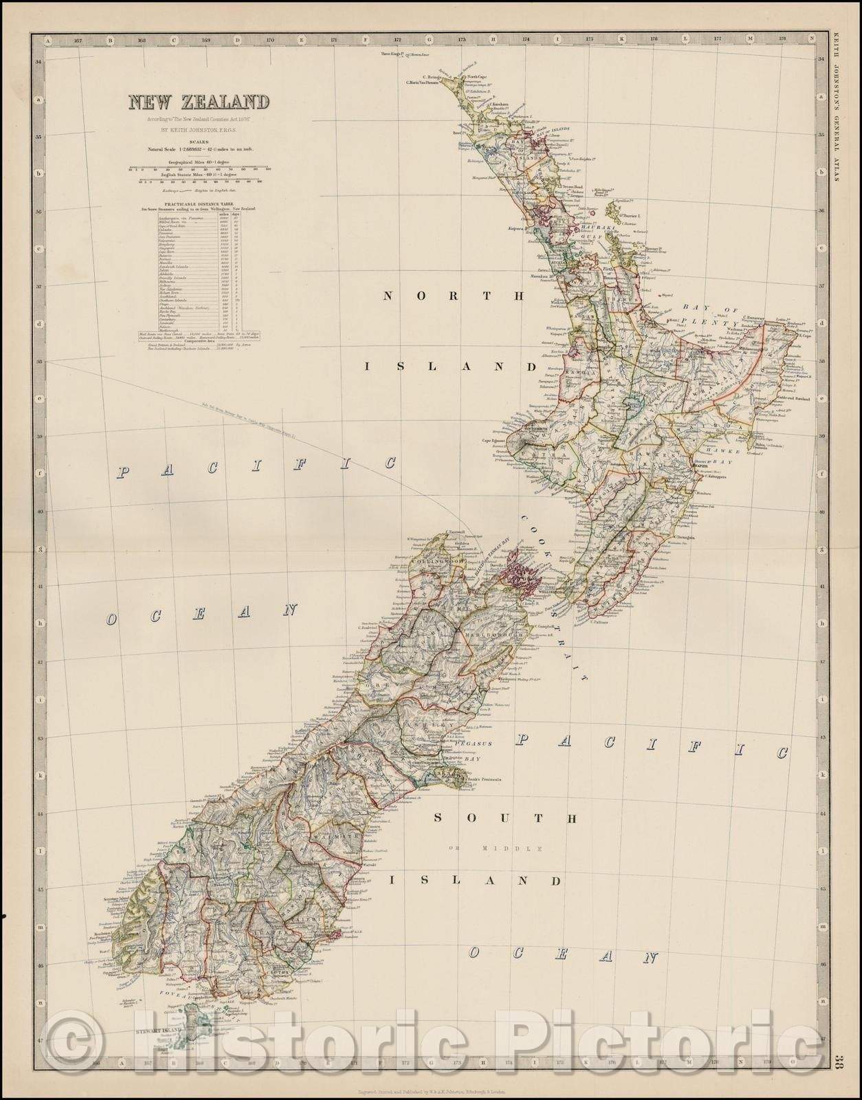 Historic Map - New Zealand, 1860, W. & A.K. Johnston - Vintage Wall Art