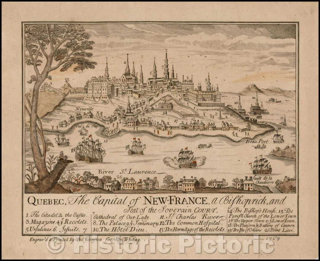 Historic Map - Quebec, The Capital of New-France, a Bishoprick, and Seat of the Soverain Court, 1759, Thomas Johnston - Vintage Wall Art