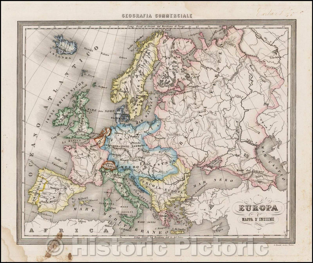 Historic Map - Europa Mappa D'Insieme/Europe Map On Together, 1855, Francesco Marmocchi - Vintage Wall Art