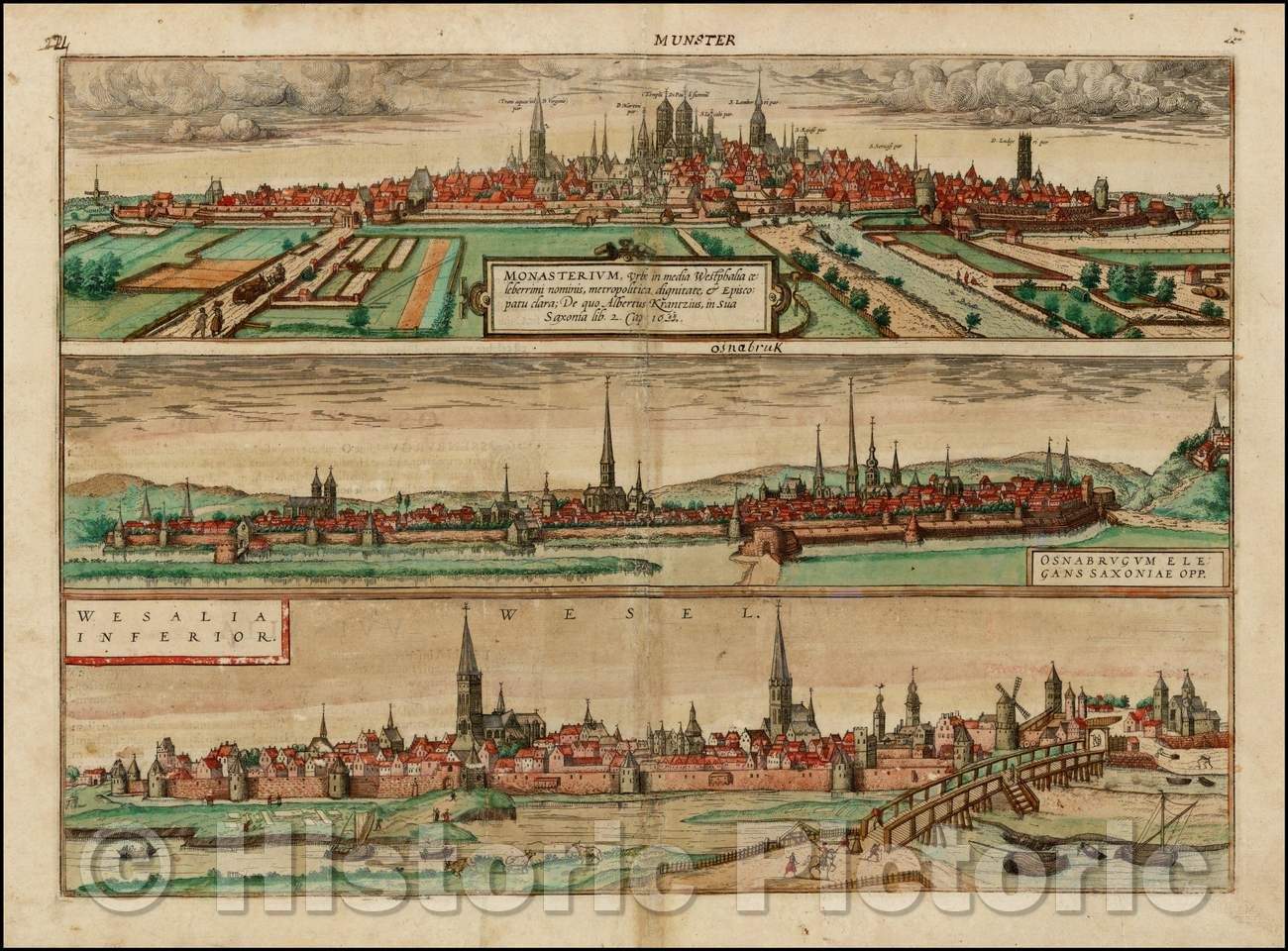 Historic Map - Monasterium Urbs in media Westphalia/Three important Views of Osnabruck, M?nster and Wesel in Northern Germany on a single sheet, 1577 - Vintage Wall Art