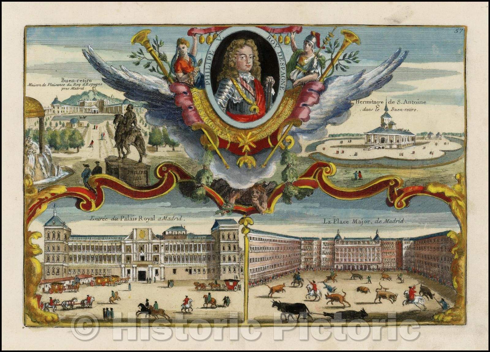 Historic Map - Philipe V with decorative views of Buen-retiro, Hermitage de S. Antoine, Entree du Palais Royal a Madrid and La Place Major de Madrid, 1705 - Vintage Wall Art