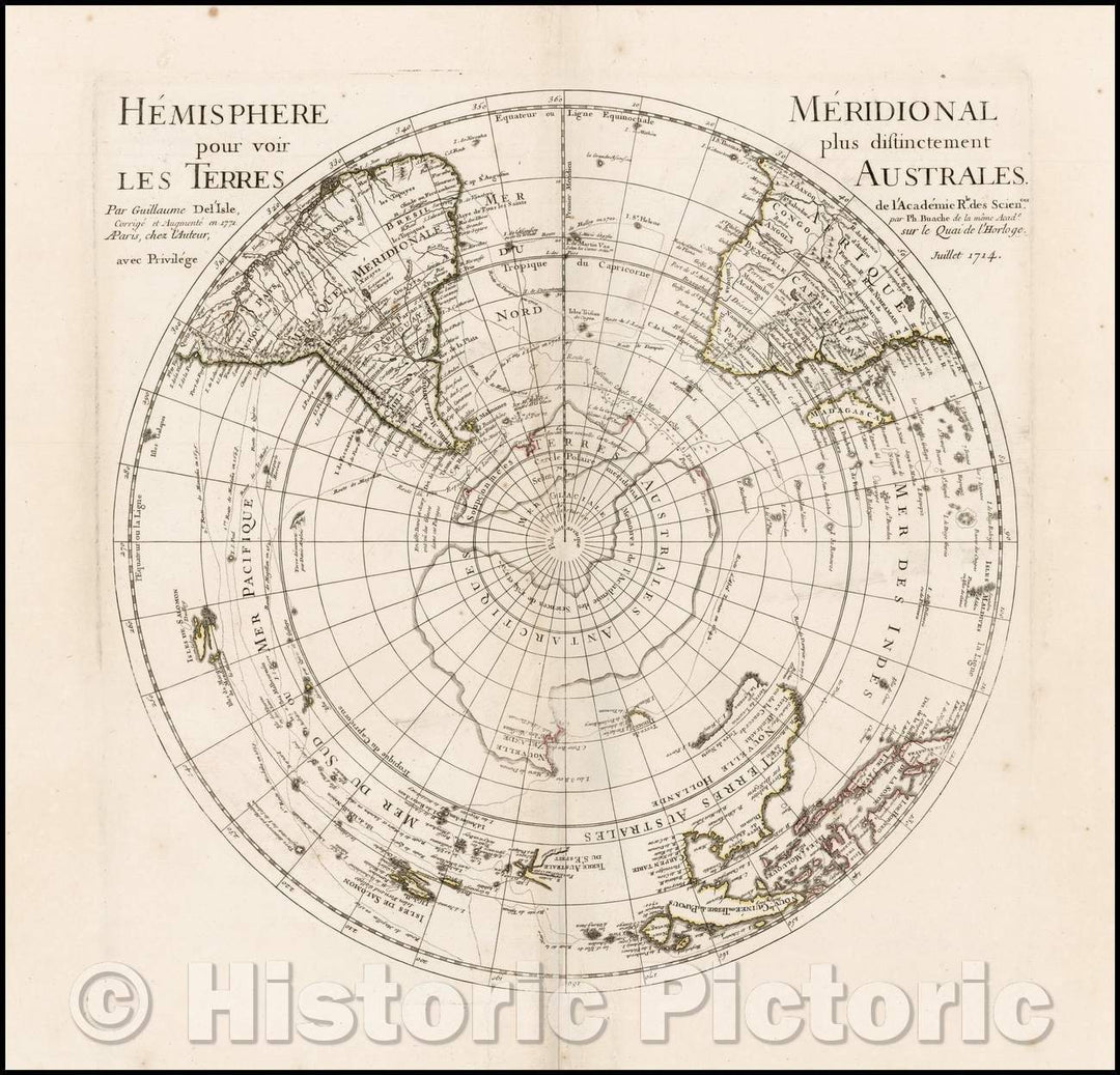 Historic Map - Hemisphere Meridional pour voir plus distinctement Les Terres Australes :: Southern Hemisphere, Buache's Antarctic lands and interior Sea, 1771 - Vintage Wall Art