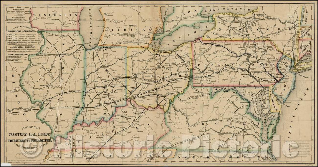 Historic Map - Map of the Western Railroads Tributary to Philadelphia, with their rival lines; prepared, 1851, George Ellet Jr. - Vintage Wall Art