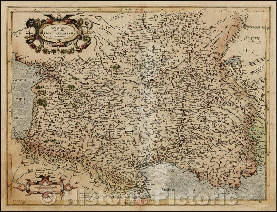 Historic Map - Aquitania australis Regnu Arelatense cum confinijs (South France)/Aquitaine australis Kingdom Arelatense cum confinijs (South Africa), 1595 - Vintage Wall Art