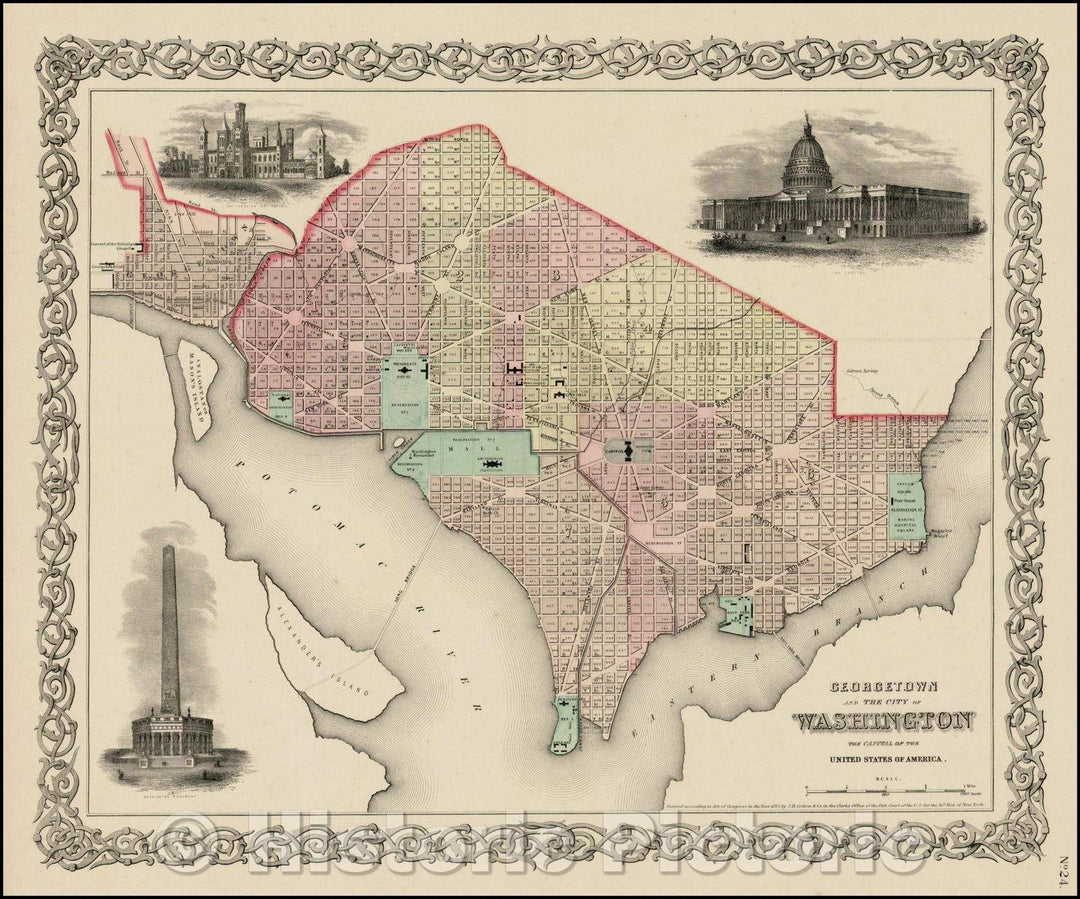 Historic Map - Georgetown And The City Of Washington The Capitol of the United States of America, 1856, Joseph Hutchins Colton - Vintage Wall Art