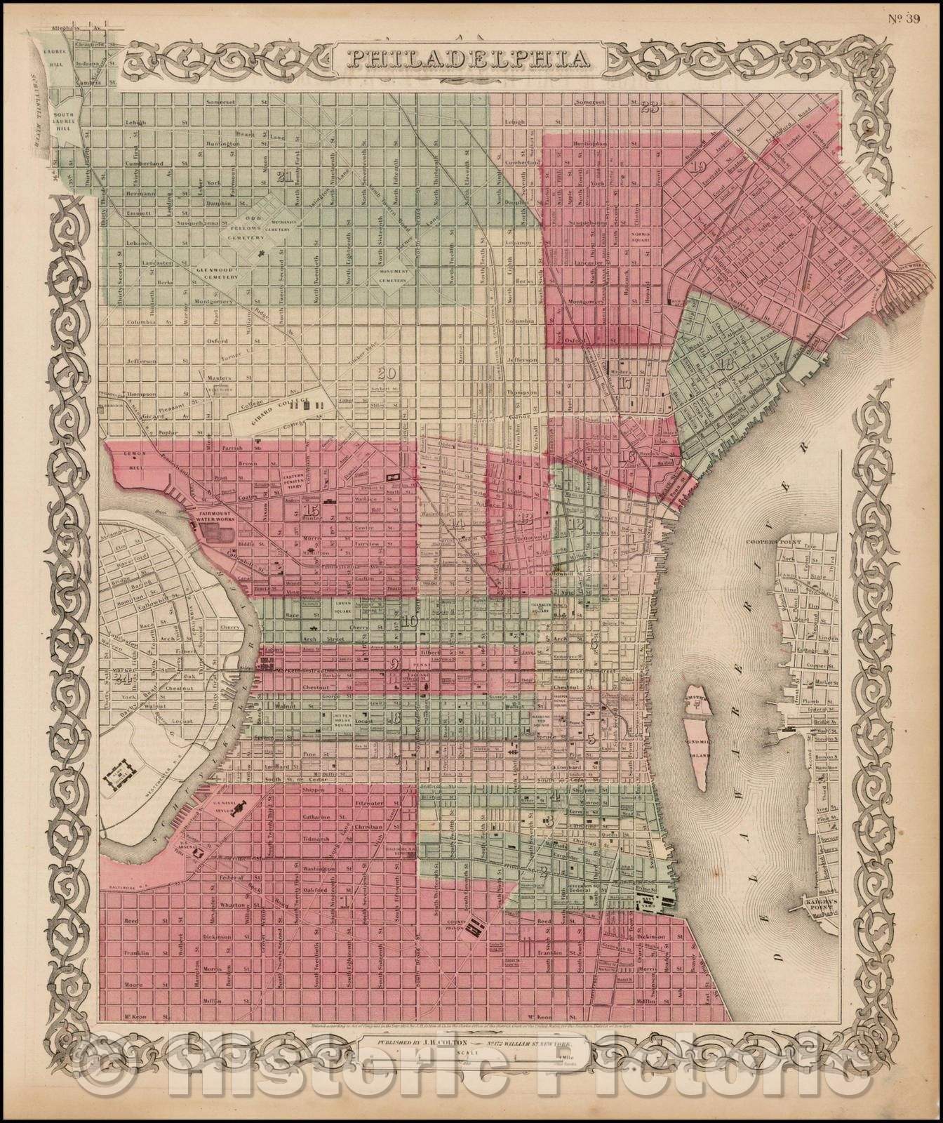 Historic Map - Philadelphia, 1856, Joseph Hutchins Colton - Vintage Wall Art