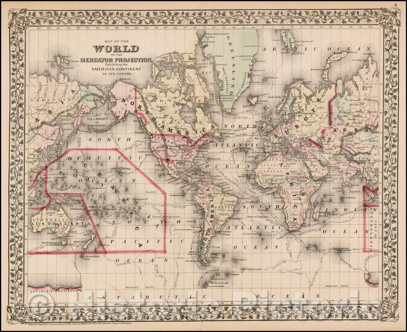 Historic Map - Map of the World on The Mercator Projection, Exhibiting the American Continent As Its Centre, 1872, Samuel Augustus Mitchell Jr. - Vintage Wall Art