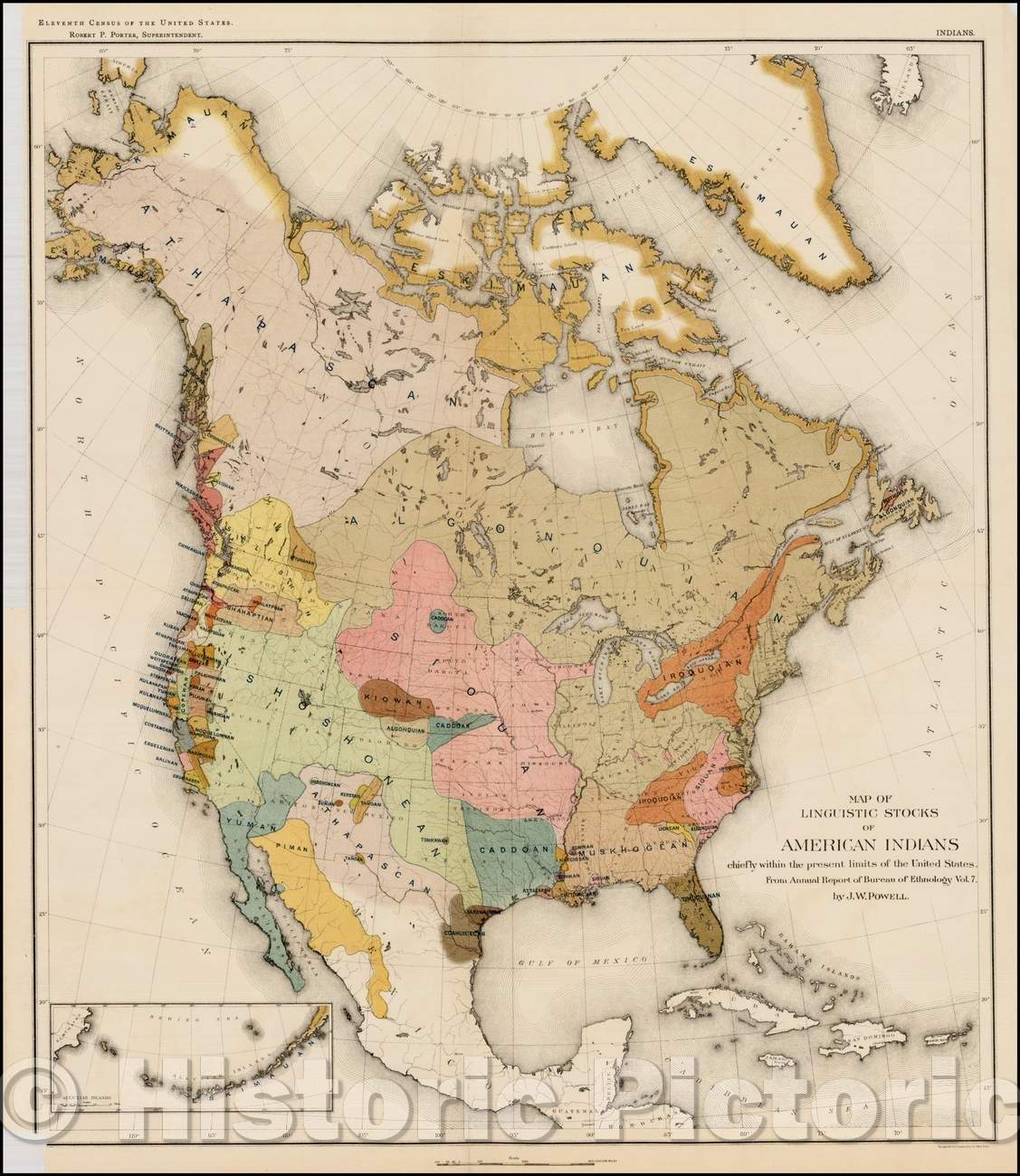 Historic Map - Linguistic Stocks of North American Indians North of Mexico, 1891, J.W. Powell - Vintage Wall Art