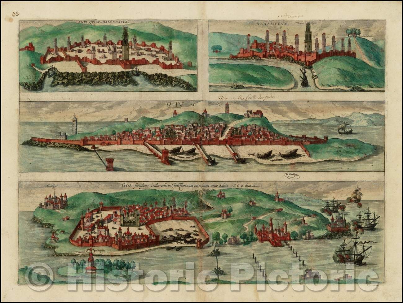 Historic Map - Anfa, Quibusdam Anaffa, Azzaamurum, Diiv, Goa fortissima Indiae urbs, Anfa, Some Anaffa, Azzaamurum, Diiv, Goa, India, 1572 - Vintage Wall Art