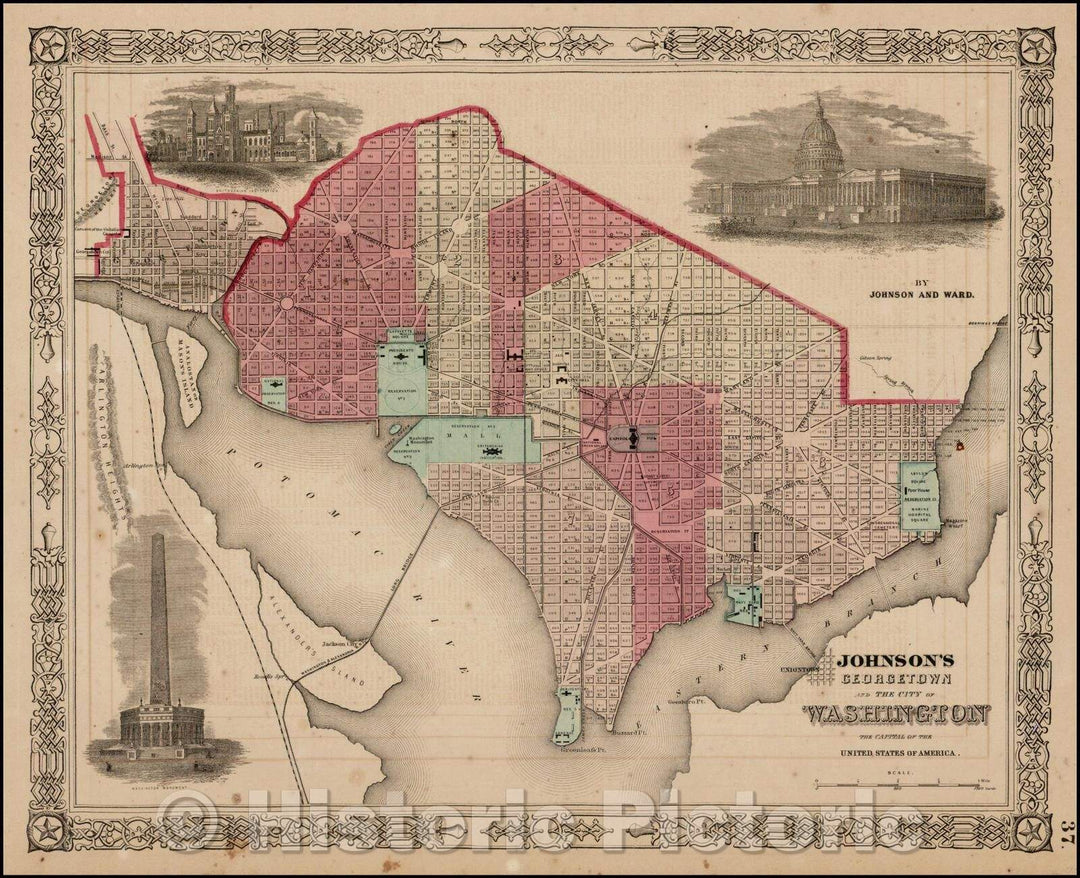 Historic Map - Johnson's Georgetown and The City of Washington The Capital of the United States of America, 1864, Benjamin Ward - Vintage Wall Art