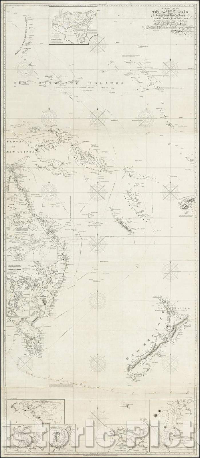 Historic Map - A New Chart of part of the Pacific Ocean, Exhibiting The Various Straits, Islands and Dangers, 1828, John William Norie - Vintage Wall Art