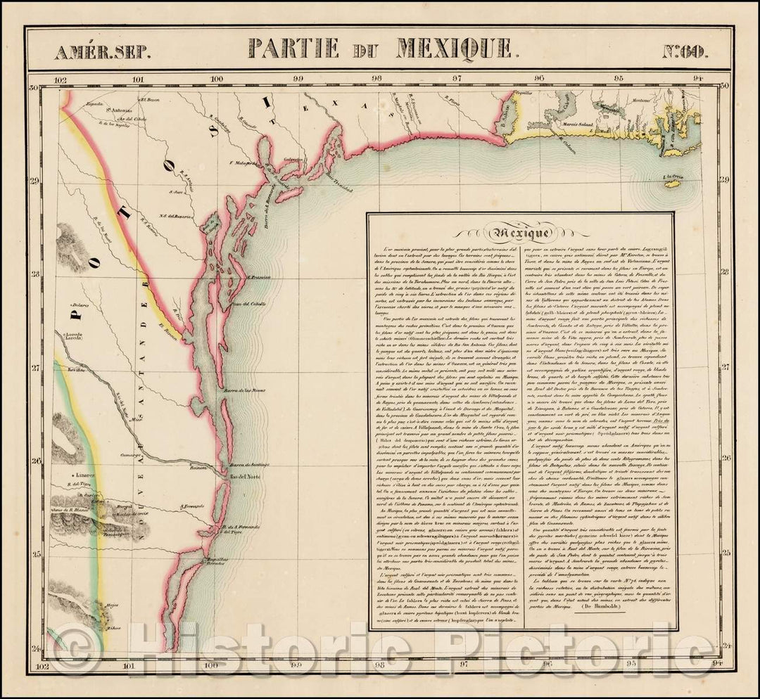 Historic Map - Partie Du Mexique Amer/Map of the Texas Coast, south of Loredo and the Rio Grande to East of the Sabine, Texas Coastline, 1827 - Vintage Wall Art