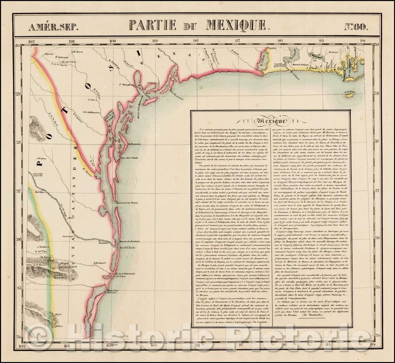 Historic Map - Partie Du Mexique Amer/Map of the Texas Coast, south of Loredo and the Rio Grande to East of the Sabine, Texas Coastline, 1827 - Vintage Wall Art