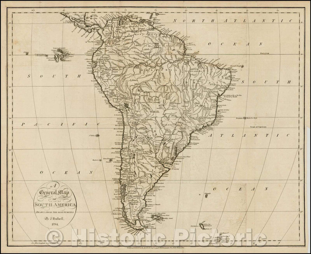 Historic Map - A General Map of South America, 1794, John Russell v1