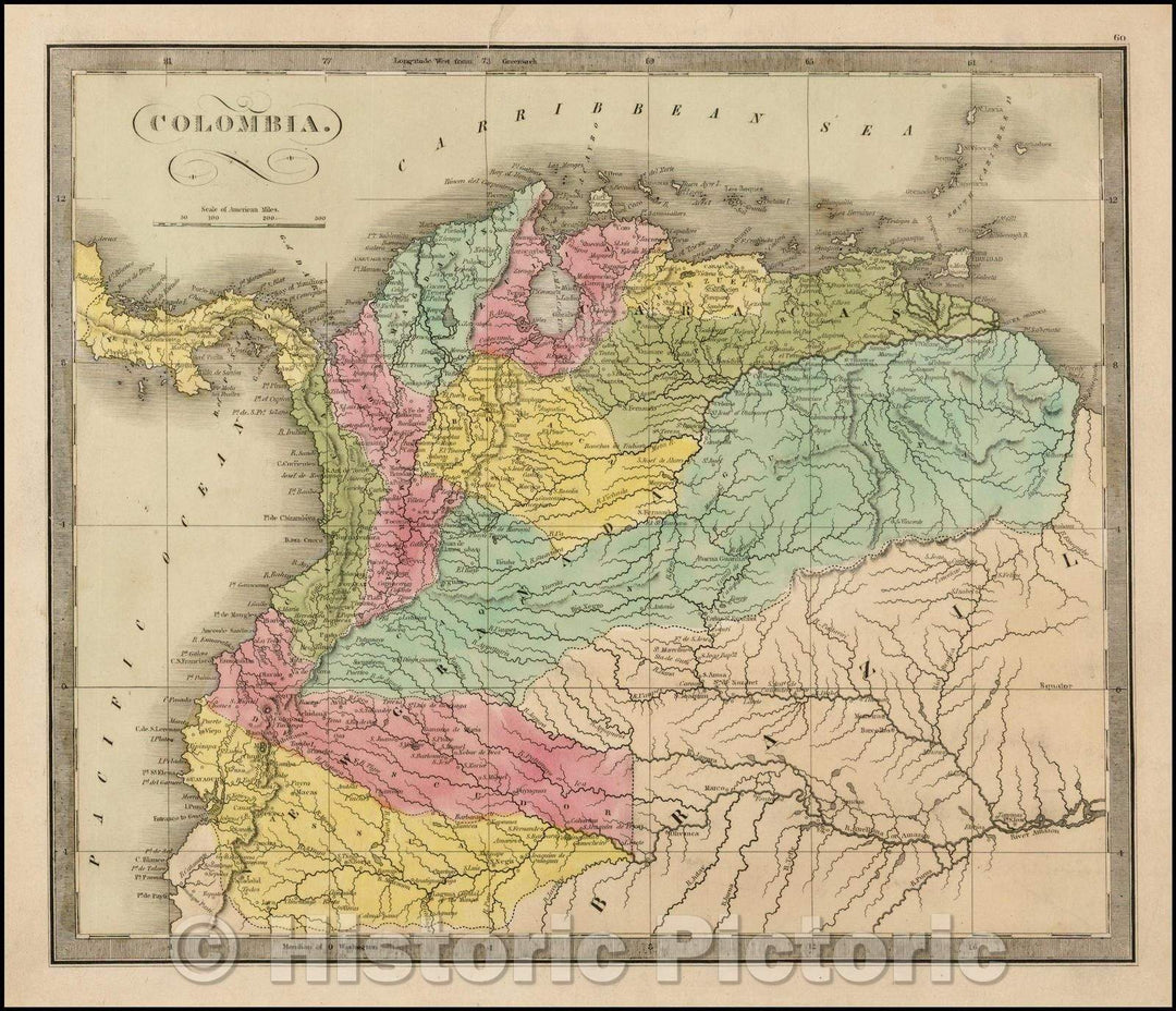 Historic Map - Colombia, 1842, Jeremiah Greenleaf - Vintage Wall Art