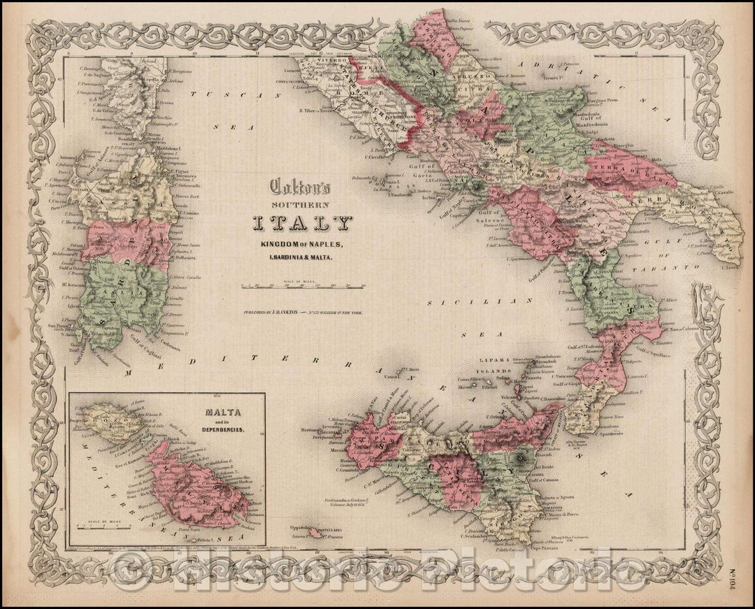 Historic Map - Colton's Southern Italy Kingdom of Naples, I Sardinia & Malta, 1859, Joseph Hutchins Colton - Vintage Wall Art