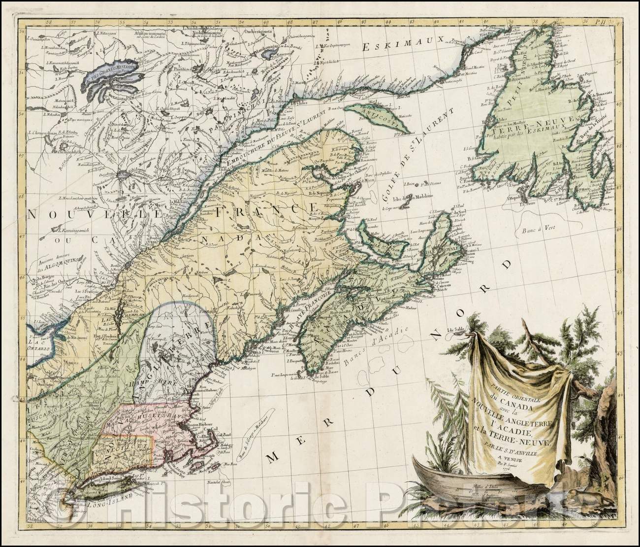 Historic Map - Partie Orientale du Canada, avec la Nouvelle Angleterre, l'Acadie, et la T :: Eastern part of Canada with New England, Acadia and Newfoundland, 1776 - Vintage Wall Art