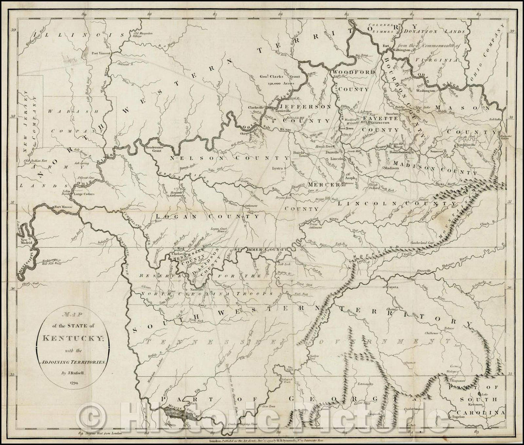 Historic Map - Map of the State of Kentucky with the Adjoining Territory, 1794, John Russell - Vintage Wall Art