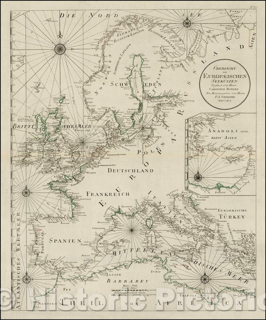 Historic Map - Ubersicht Der Europaeischen Seekusten Versasst von Herrn Carington Bowles :: Overview The European Seekusten Versasst, 1791 - Vintage Wall Art