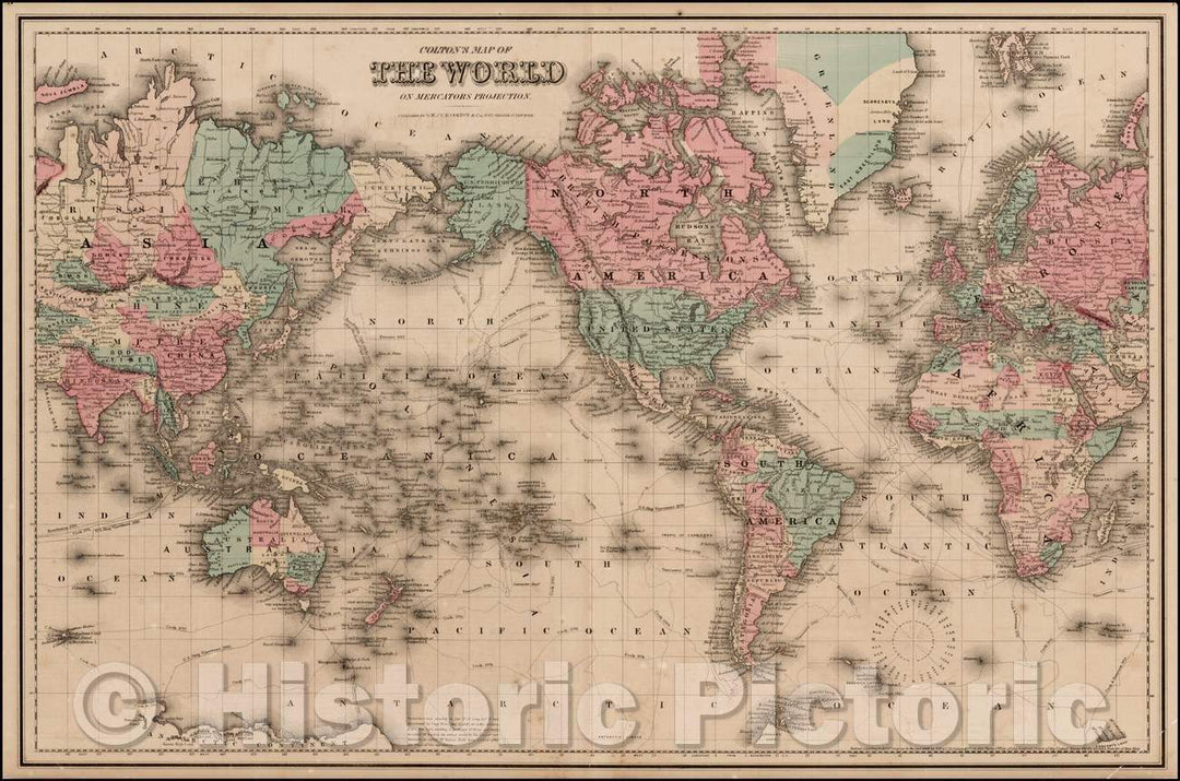 Historic Map - Colton's Map of the World on Mercator's Projection, 1868, G.W. & C.B. Colton - Vintage Wall Art