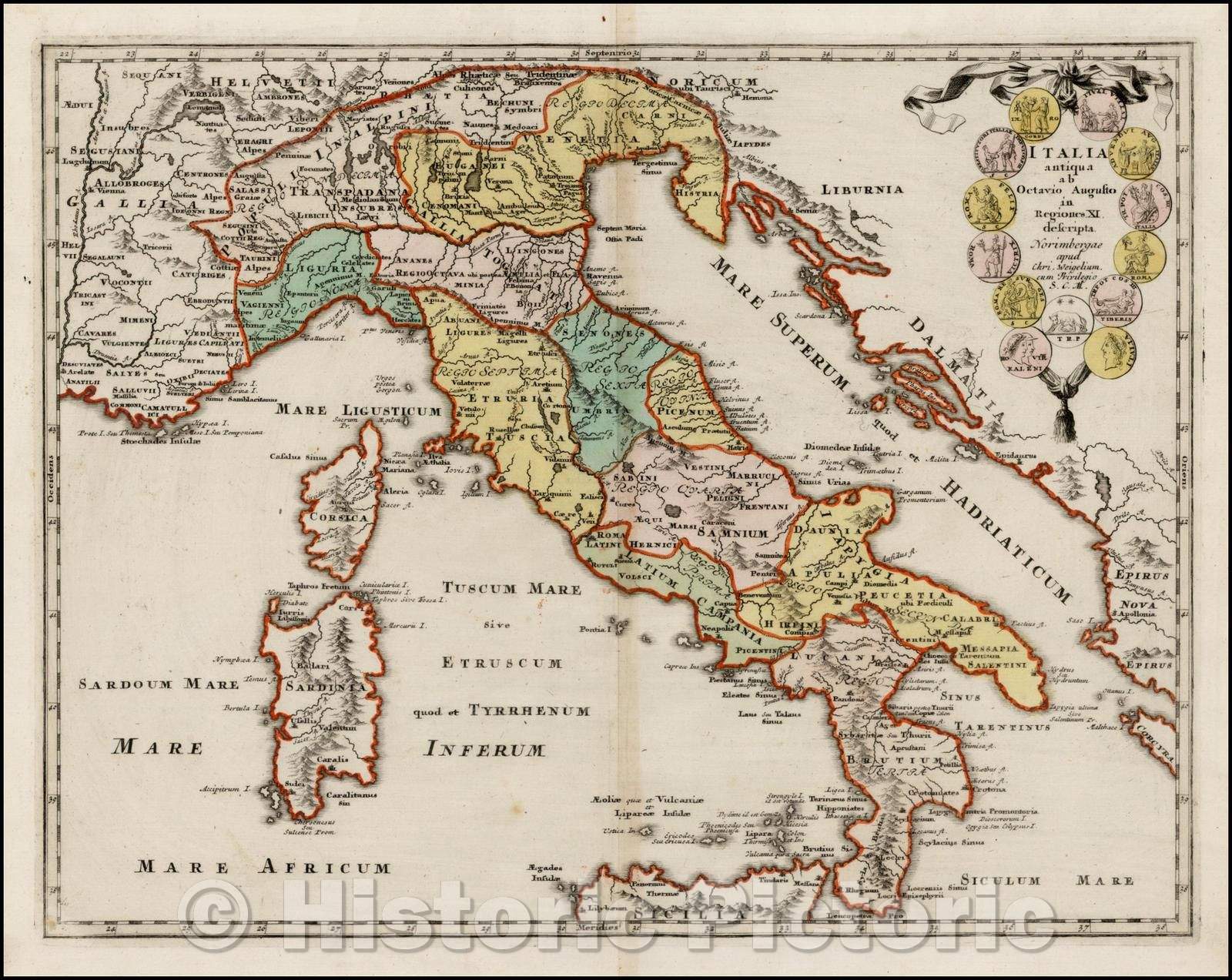 Historic Map - Italia antiqua ab Octavio Augusto in Regiones XI descripta/Map of Italy, embellished with a cartouche illustrating 13 Italian Coins, 1718 - Vintage Wall Art