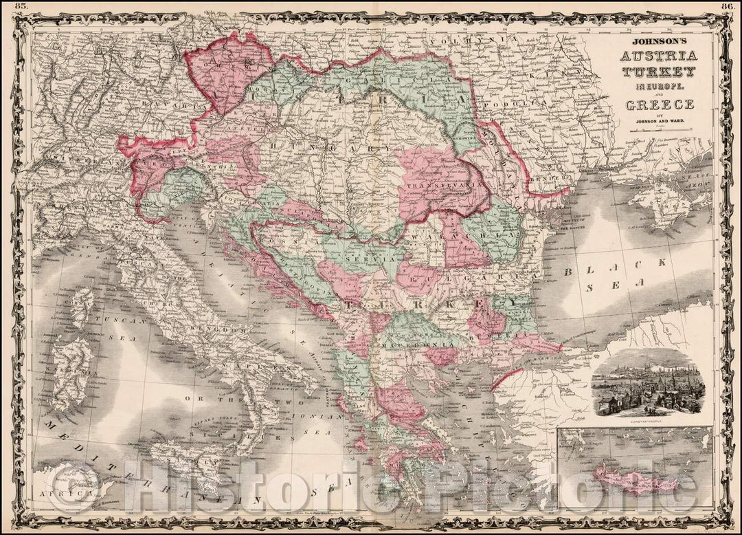 Historic Map - Johnson's Austria Turkey in Europe and Greece, 1862, Benjamin Ward v3