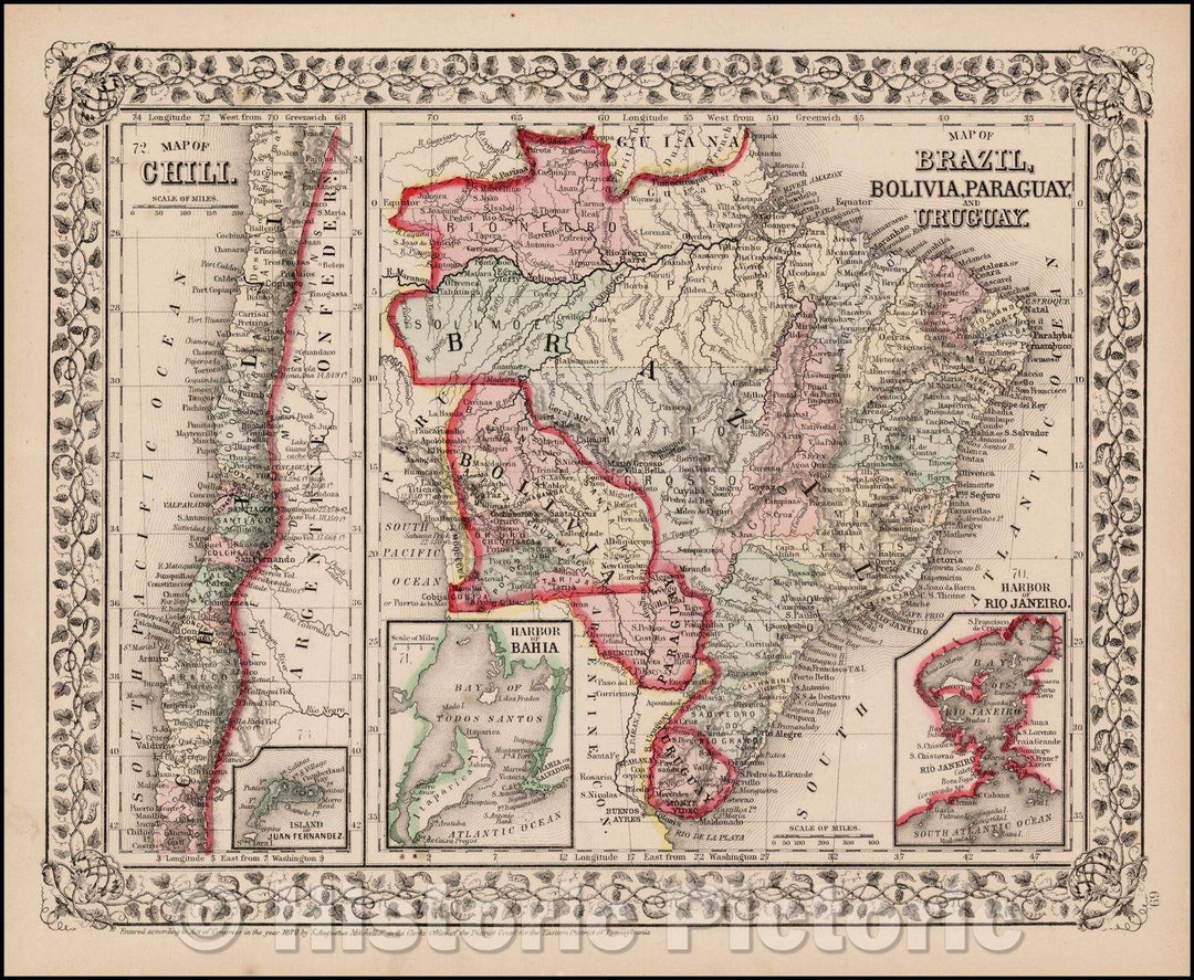 Historic Map - Map Of Brazil, Bolivia, Paraguay, And Uruguay With [Chili], 1870, Samuel Augustus Mitchell Jr. v2