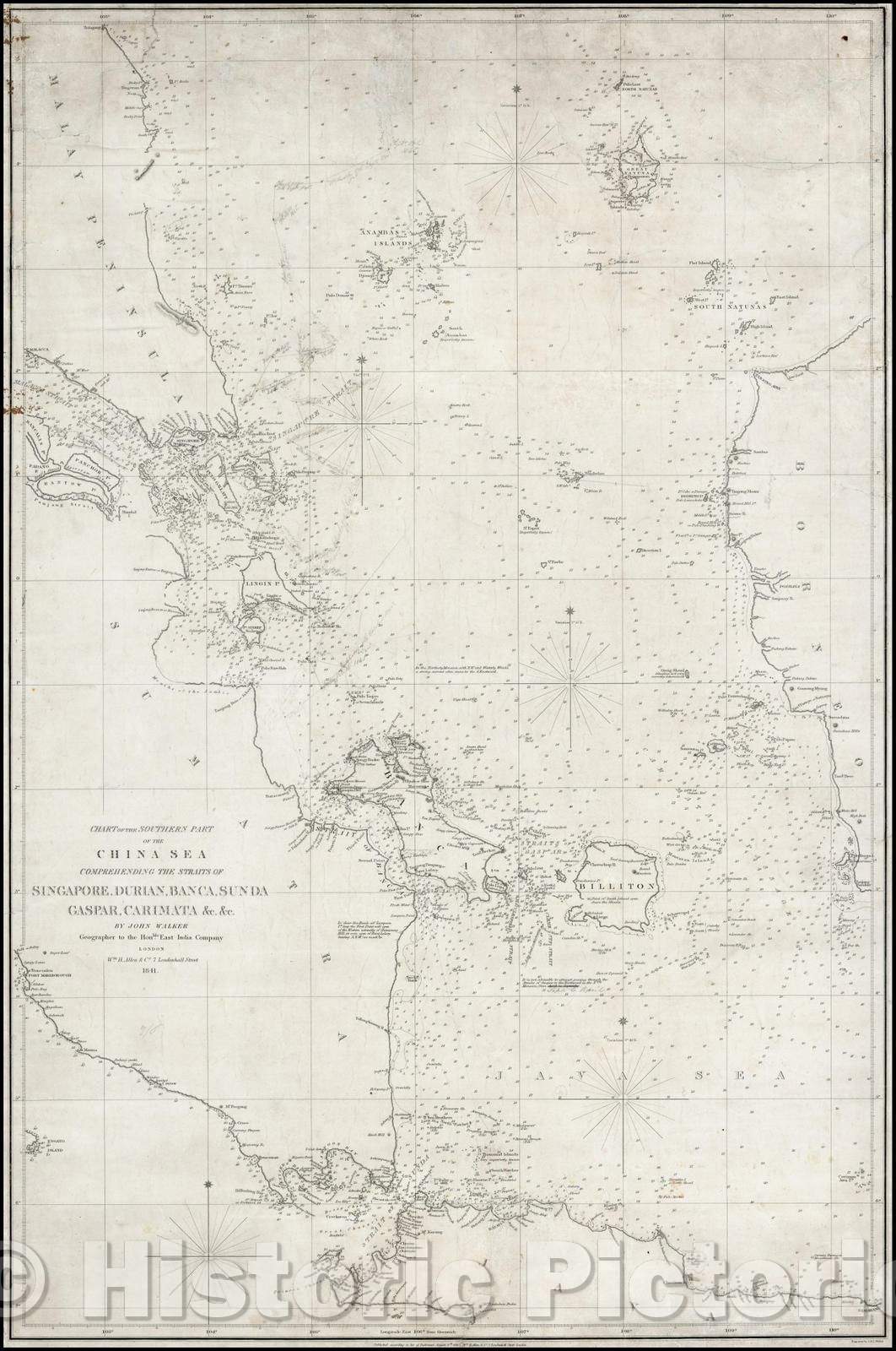 Historic Map - Chart of the Southern Part of the China Sea Comprehending The Straits of Singapore, Durian, Banca, Sunda, Gaspar, Carimata, 1841, John Walker - Vintage Wall Art