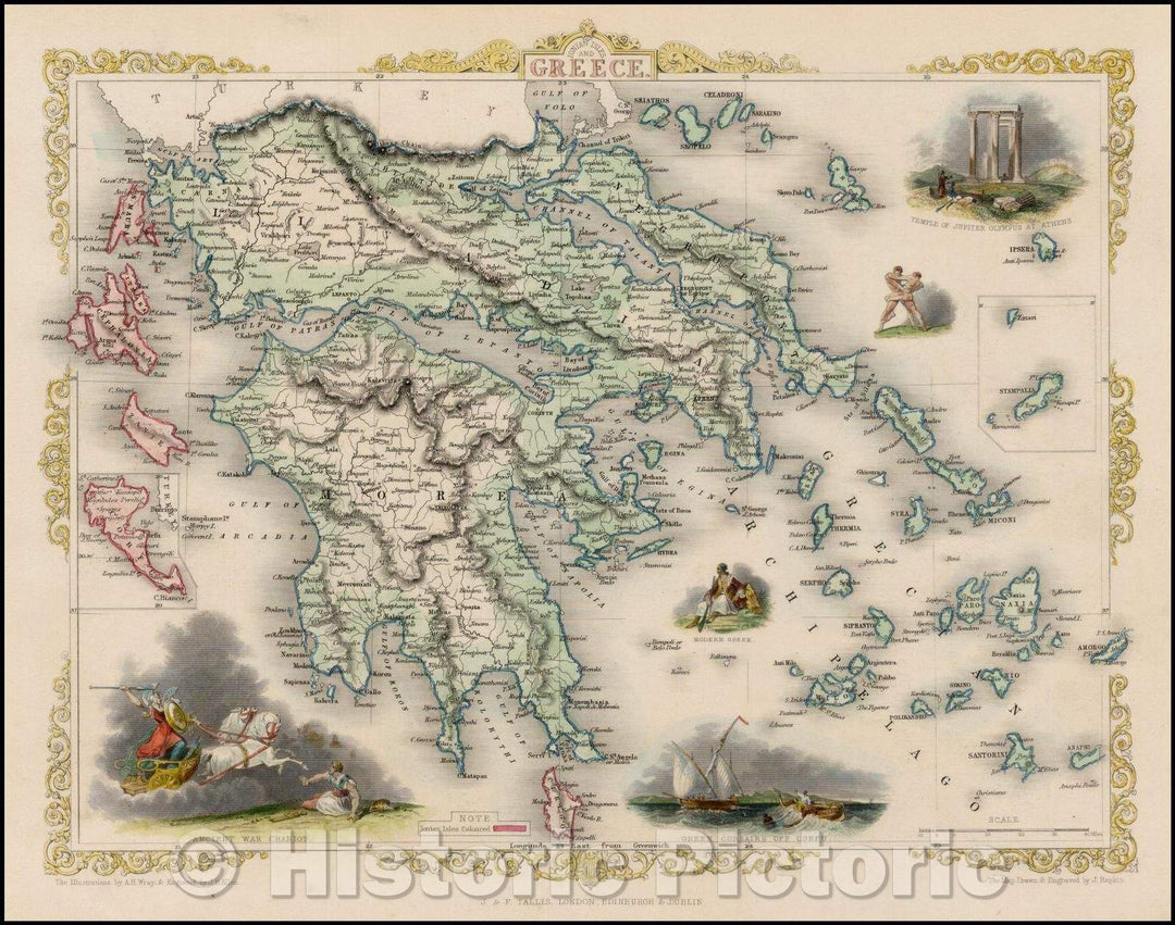 Historic Map - Ionian Isles and Greece, 1851, John Tallis - Vintage Wall Art