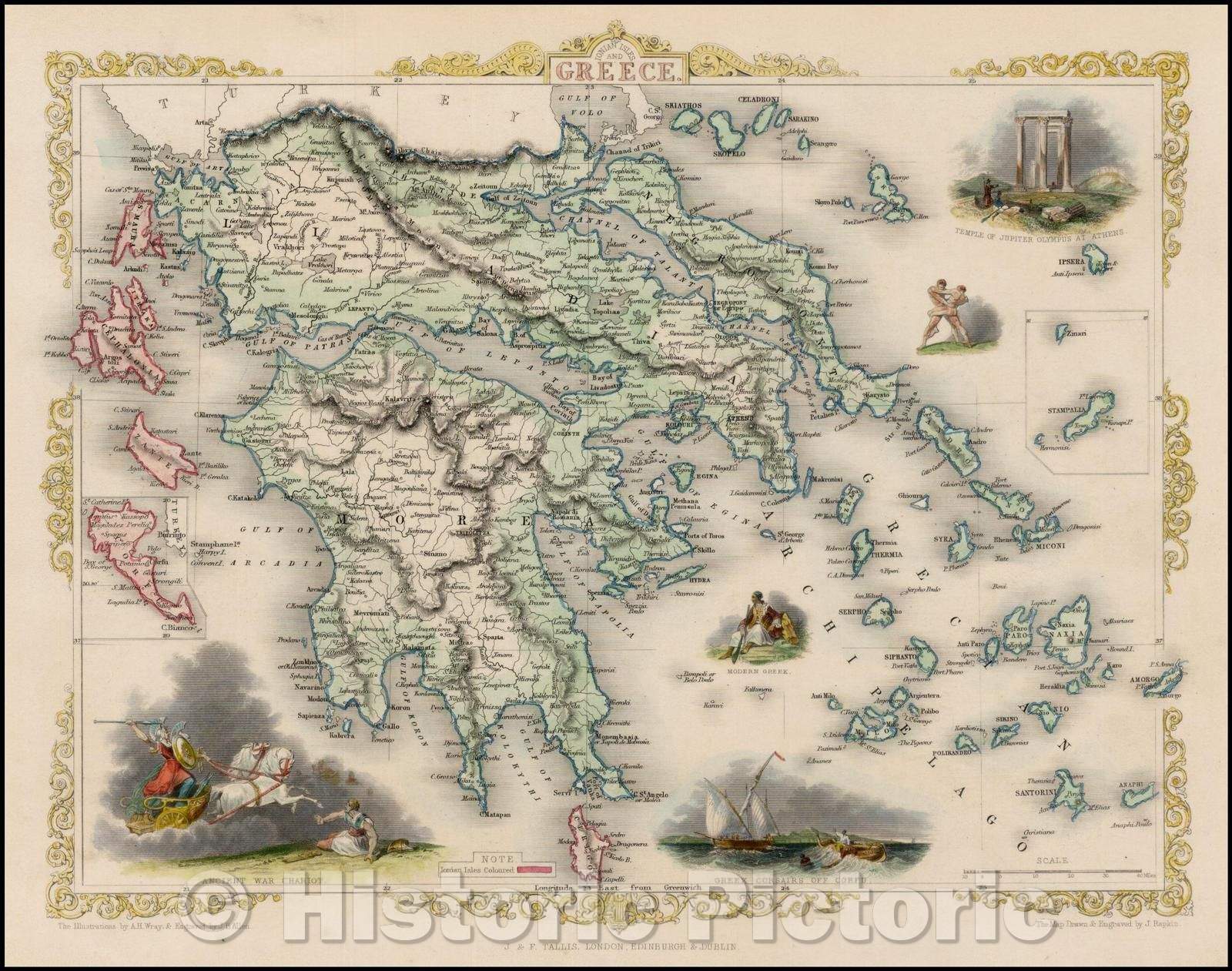 Historic Map - Ionian Isles and Greece, 1851, John Tallis - Vintage Wall Art