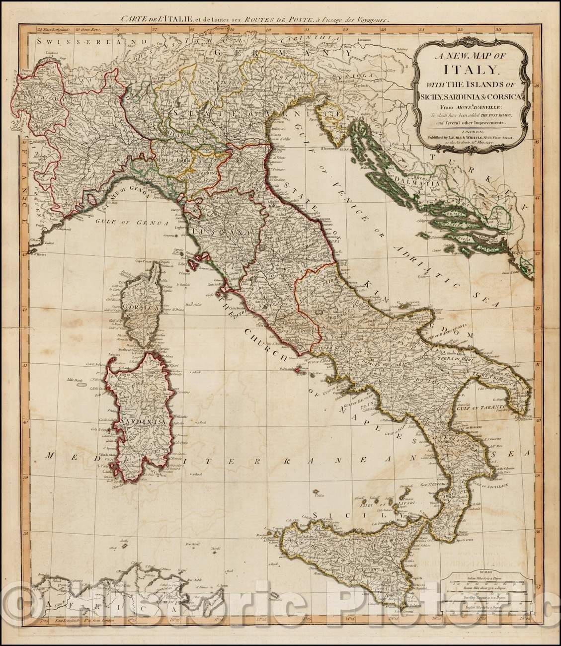 Historic Map - Italy, with the Islands of Sicily, Sardinia & Corsica, 1794, Laurie & Whittle - Vintage Wall Art