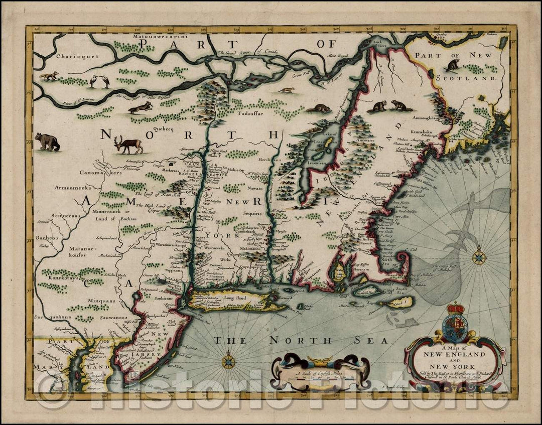 Historic Map - A Map of New England and New York (Rare Separately Issued Example!), 1675, John Speed - Vintage Wall Art