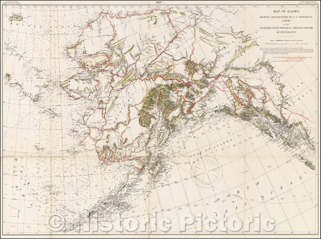 Historic Map - Map of Alaska Showing Explorations, 1898, U.S. Geological Survey - Vintage Wall Art