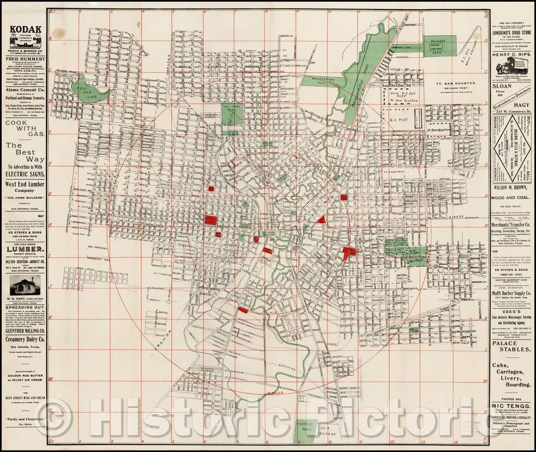 Historic Map - [ San Antonio, Texas ] / Map of San Antonio, Texas, from the Library of noted Texas Architect Alfred Giles, 1895, Nic Tengg - Vintage Wall Art