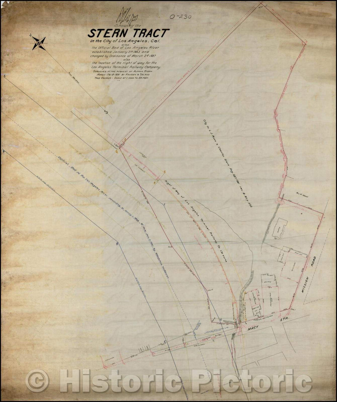 Historic Map - Map showing the Stern Tract in the City of Los Angeles, CAl. Also the Official Bed of the Los Angeles River established January 5th 1863, 1891 - Vintage Wall Art