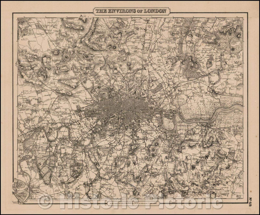 Historic Map - The Environs of London, 1858, Joseph Hutchins Colton - Vintage Wall Art