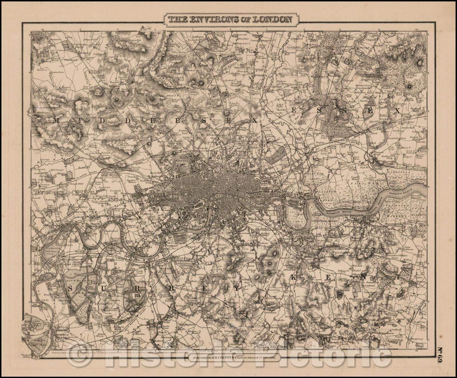 Historic Map - The Environs of London, 1858, Joseph Hutchins Colton - Vintage Wall Art